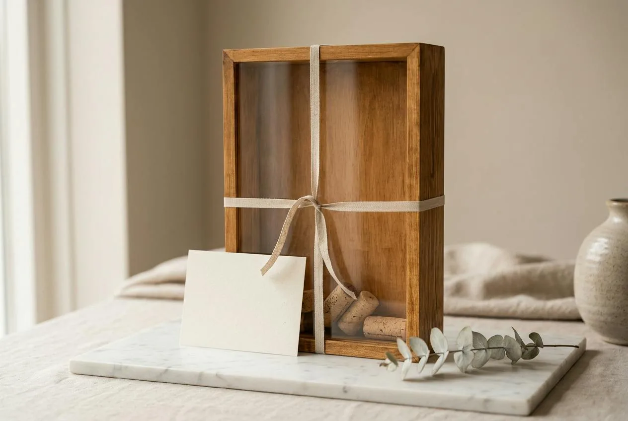 Cadeauset met memory box, linnen lint en een blanco kaart op marmer