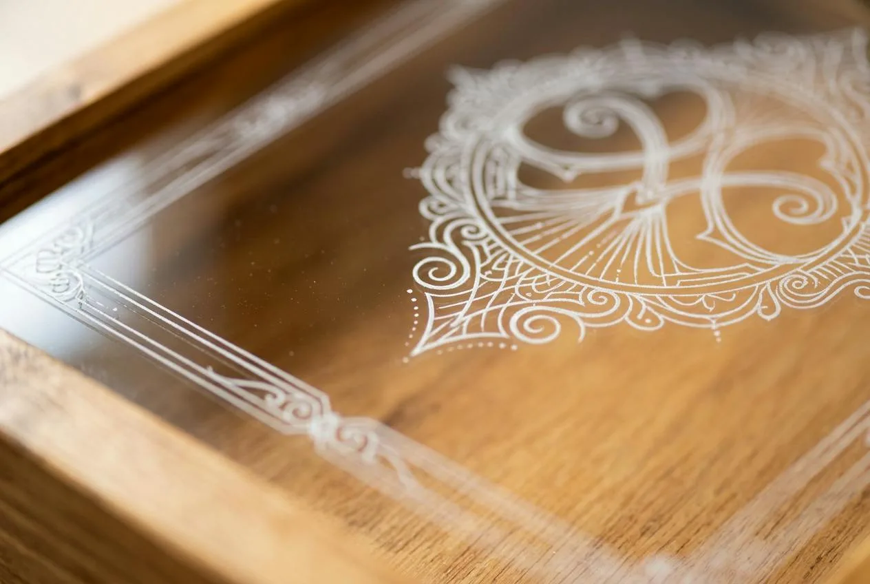 Gegraveerd embleem op het glas van een memory box, voor eigen ontwerp of logo