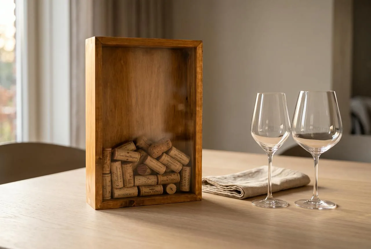 Memory box van eikenhout gevuld met wijnkurken naast twee wijnglazen op een tafel